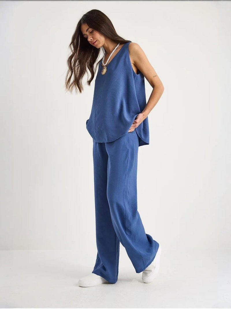 Ensemble deux pièces : chemisier à bretelles et col en v, pantalon palazzo lucci Bleu saphir - Kiabi