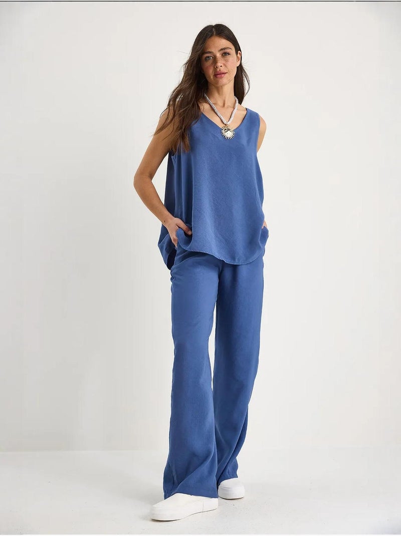 Ensemble deux pièces : chemisier à bretelles et col en v, pantalon palazzo lucci Bleu saphir - Kiabi
