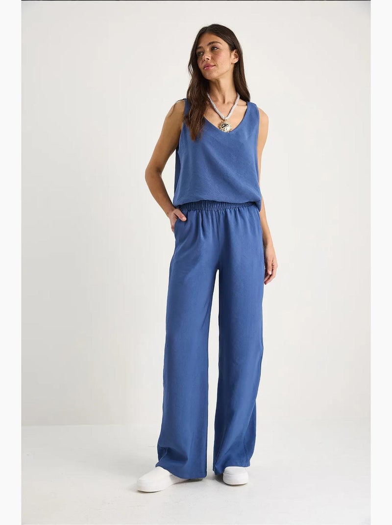 Ensemble deux pièces : chemisier à bretelles et col en v, pantalon palazzo lucci Bleu saphir - Kiabi