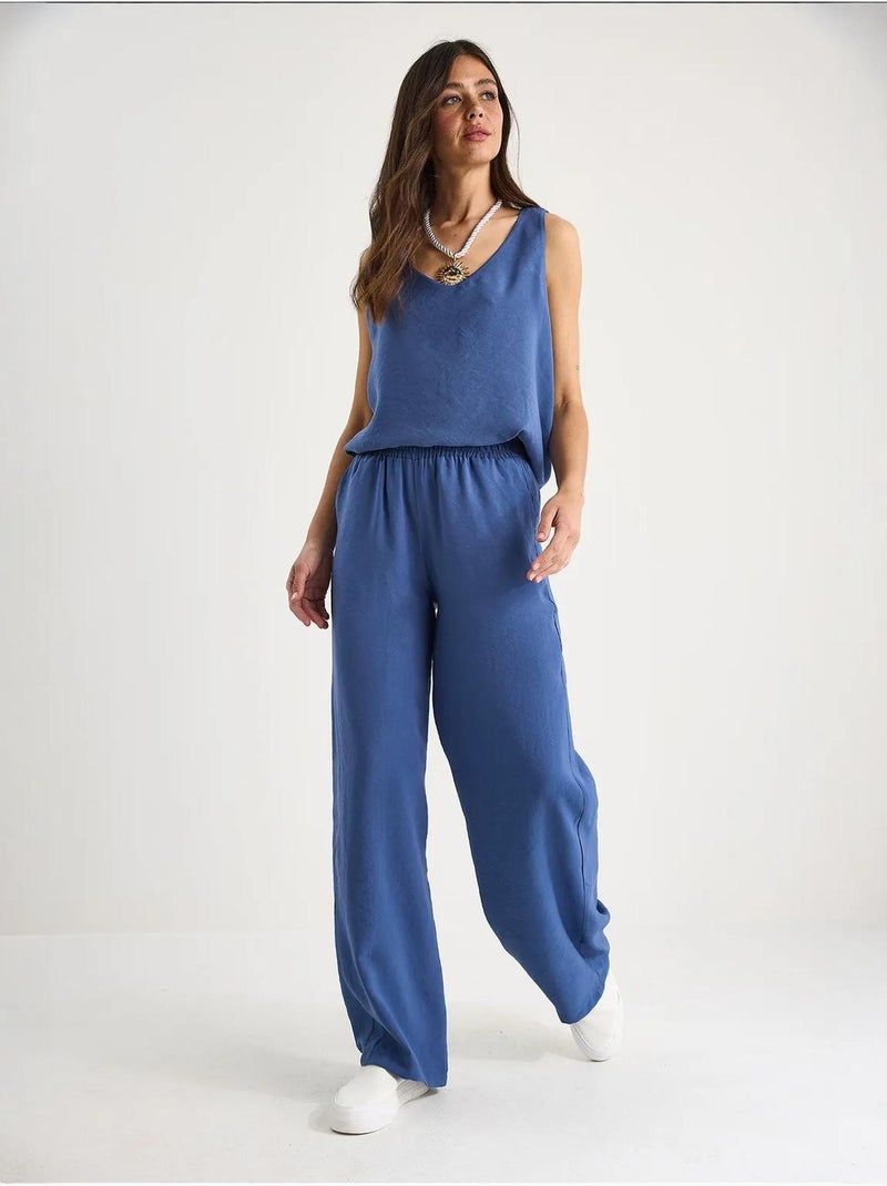 Ensemble deux pièces : chemisier à bretelles et col en v, pantalon palazzo lucci Bleu saphir - Kiabi