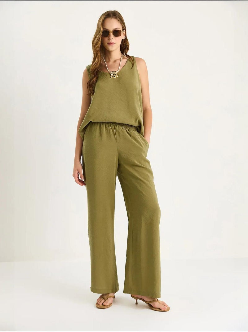 Ensemble deux pièces : chemisier à bretelles et col en v, pantalon palazzo lucci Kaki - Kiabi