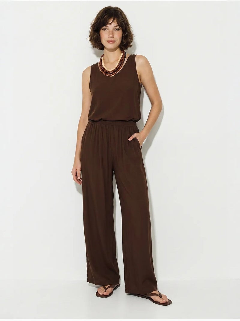 Ensemble deux pièces : chemisier à bretelles et col en v, pantalon palazzo lucci Marron - Kiabi