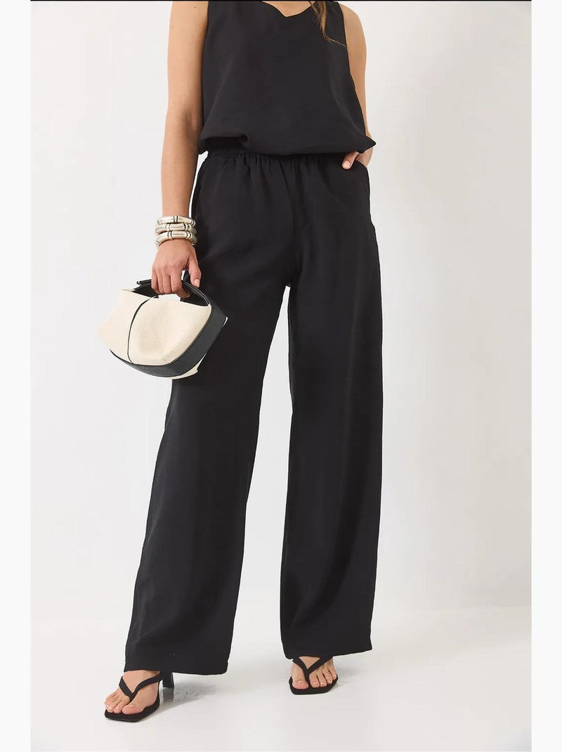 Ensemble deux pièces : chemisier à bretelles et col en v, pantalon palazzo lucci Noir - Kiabi