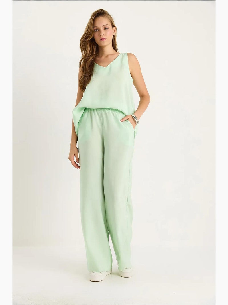 Ensemble deux pièces : chemisier à bretelles et col en v, pantalon palazzo lucci Vert menthe - Kiabi