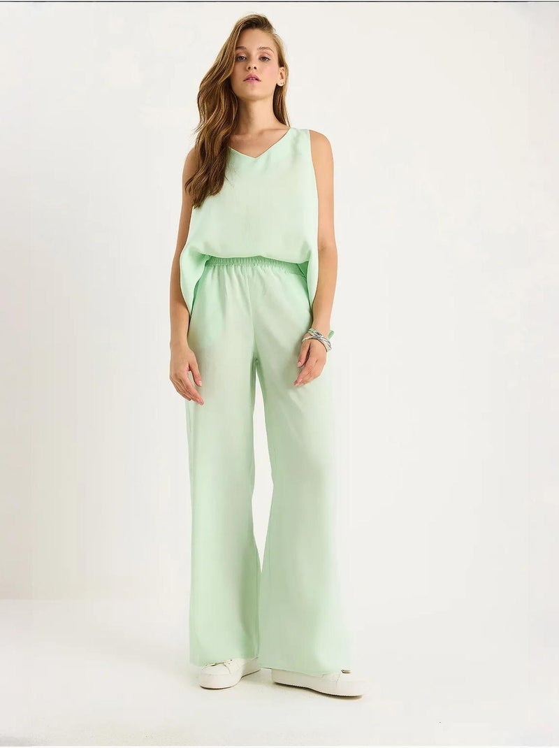 Ensemble deux pièces : chemisier à bretelles et col en v, pantalon palazzo lucci Vert menthe - Kiabi