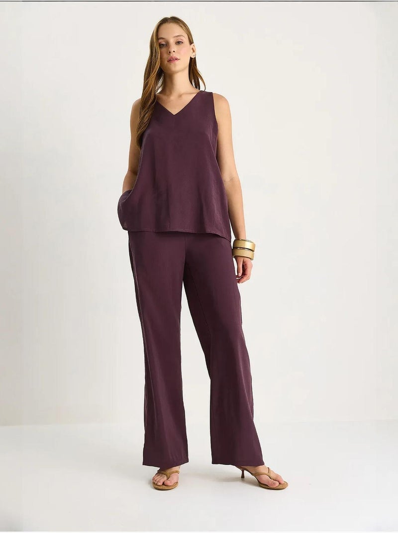 Ensemble deux pièces : chemisier à bretelles et col en v, pantalon palazzo lucci Violet aubergine - Kiabi