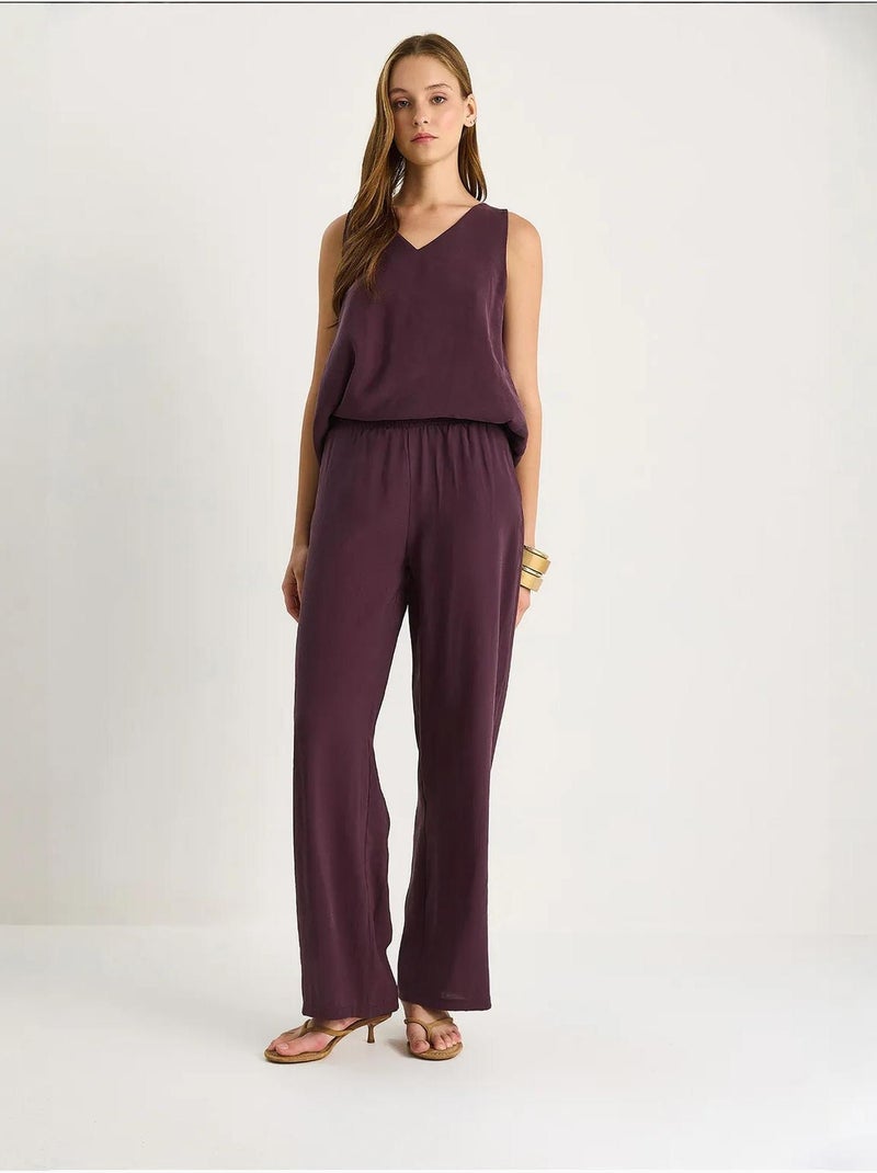 Ensemble deux pièces : chemisier à bretelles et col en v, pantalon palazzo lucci Violet aubergine - Kiabi