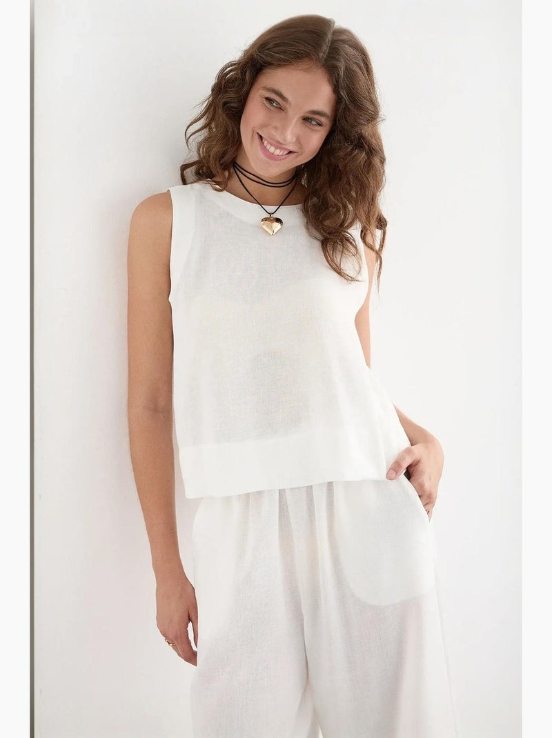 Ensemble deux pièces chemisier en lin et pantalon taille élastique hiccup Blanc - Kiabi