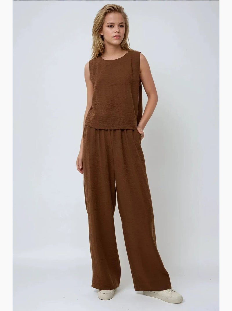 Ensemble deux pièces chemisier en lin et pantalon taille élastique hiccup Marron chocolat - Kiabi