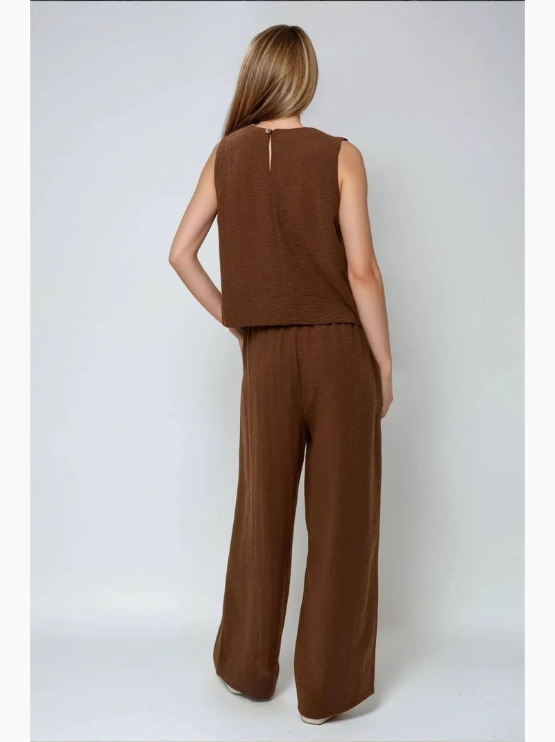 Ensemble deux pièces chemisier en lin et pantalon taille élastique hiccup Marron chocolat - Kiabi