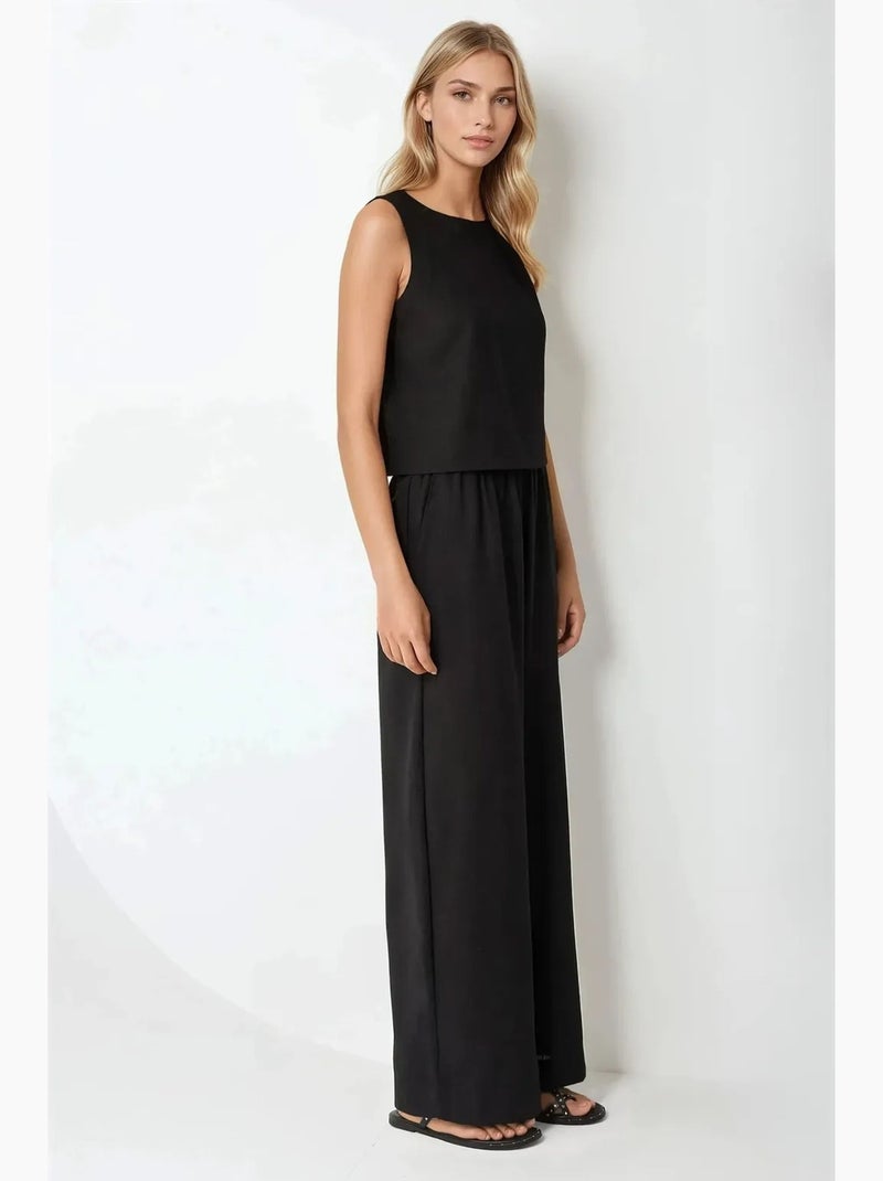 Ensemble deux pièces chemisier en lin et pantalon taille élastique hiccup Noir - Kiabi