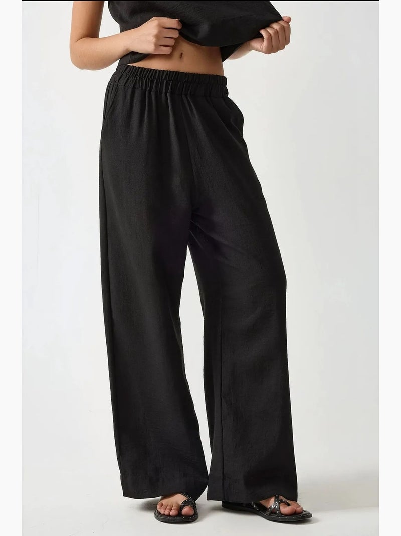 Ensemble deux pièces chemisier en lin et pantalon taille élastique hiccup Noir - Kiabi