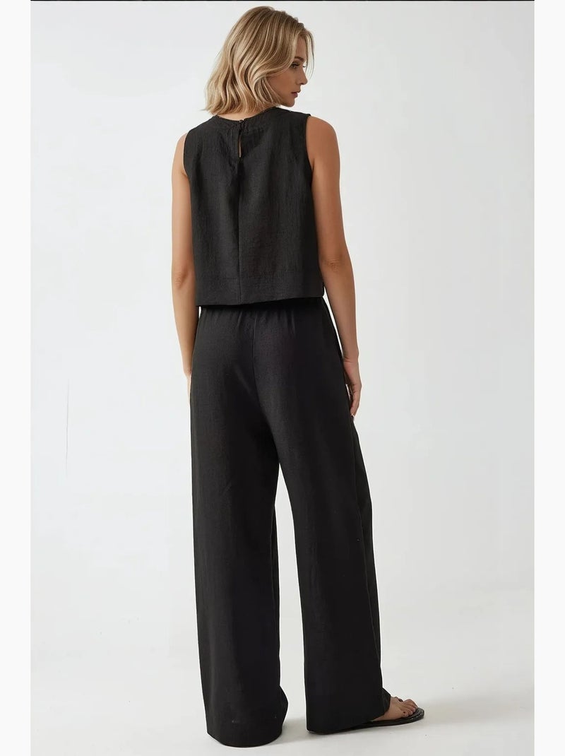 Ensemble deux pièces chemisier en lin et pantalon taille élastique hiccup Noir - Kiabi