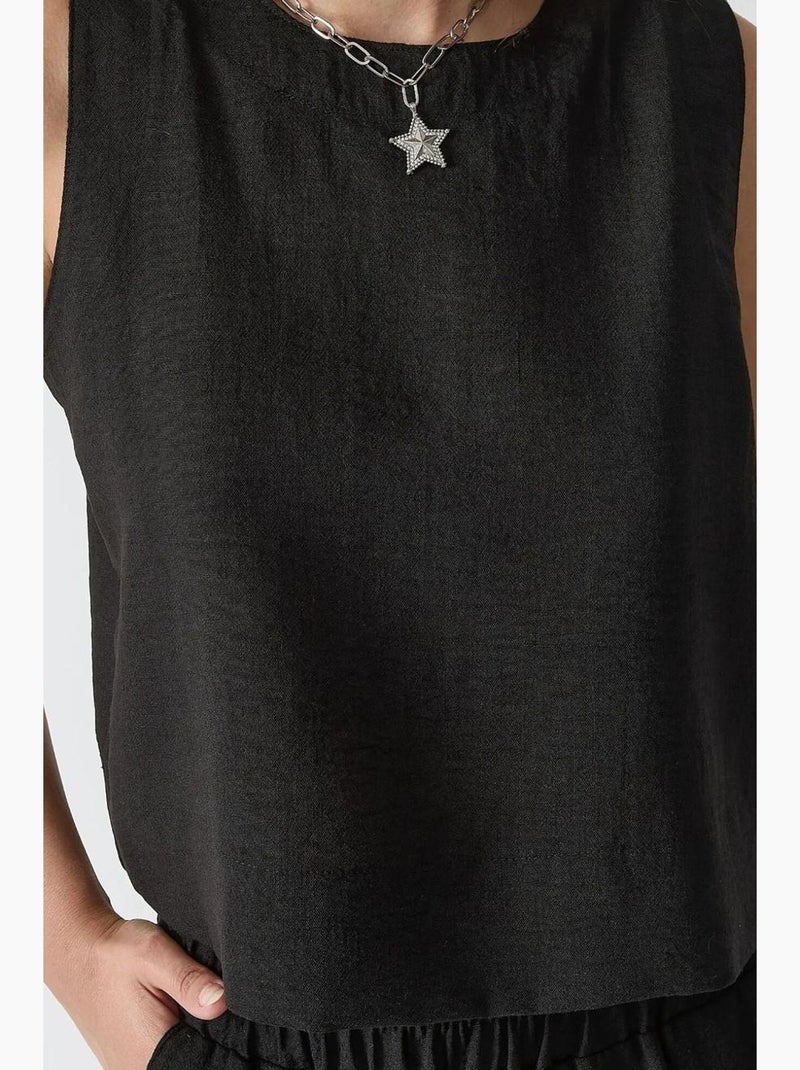 Ensemble deux pièces chemisier en lin et pantalon taille élastique hiccup Noir - Kiabi