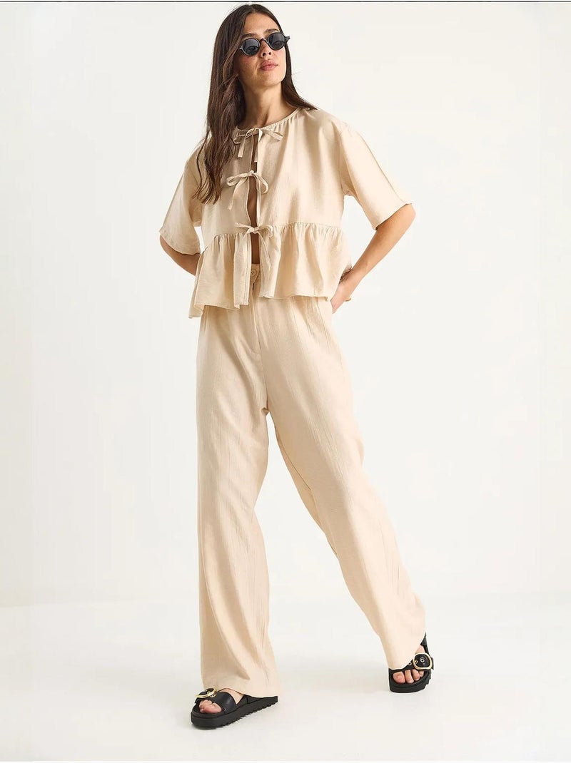 Ensemble deux pièces chemisier et pantalon à manches courtes avec détails noués de bianco lucci Beige argile - Kiabi