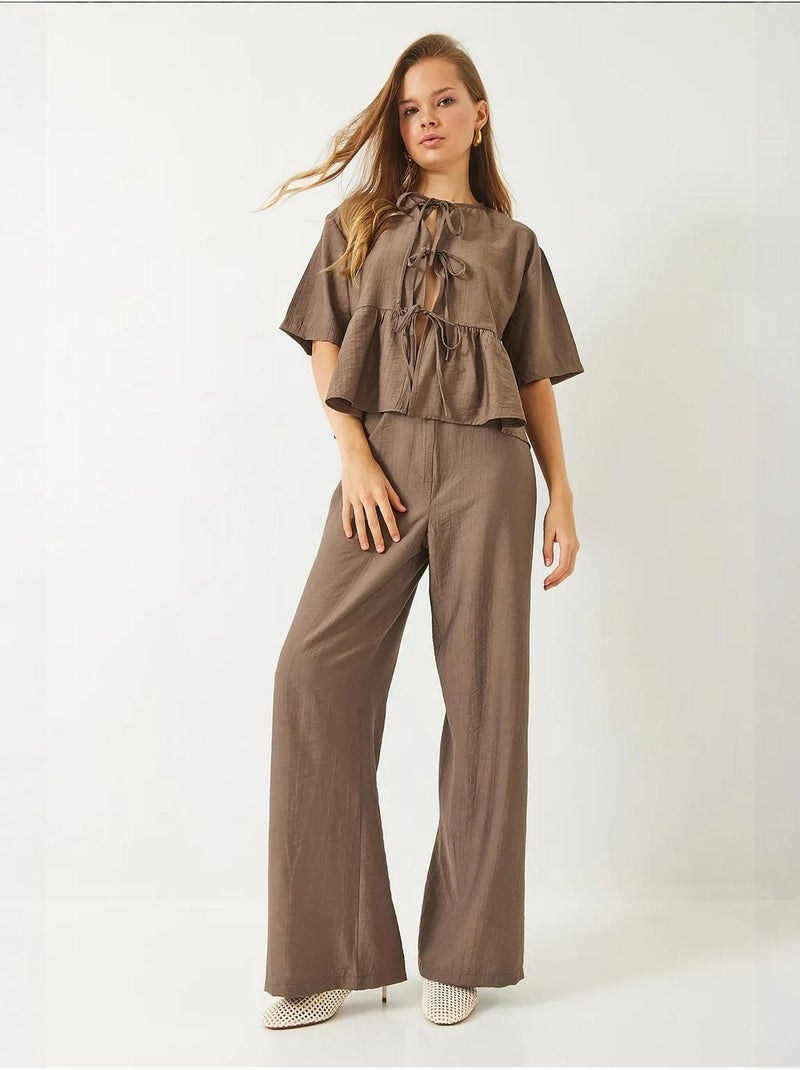 Ensemble deux pièces chemisier et pantalon à manches courtes avec détails noués de bianco lucci Camel - Kiabi