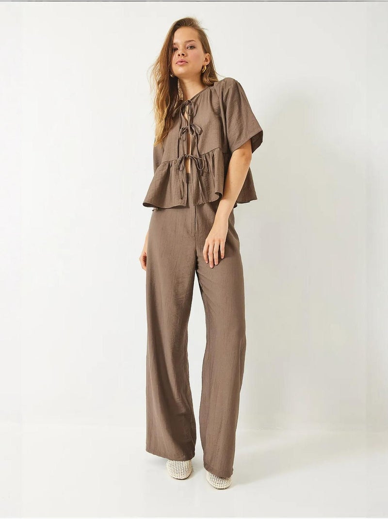 Ensemble deux pièces chemisier et pantalon à manches courtes avec détails noués de bianco lucci Camel - Kiabi