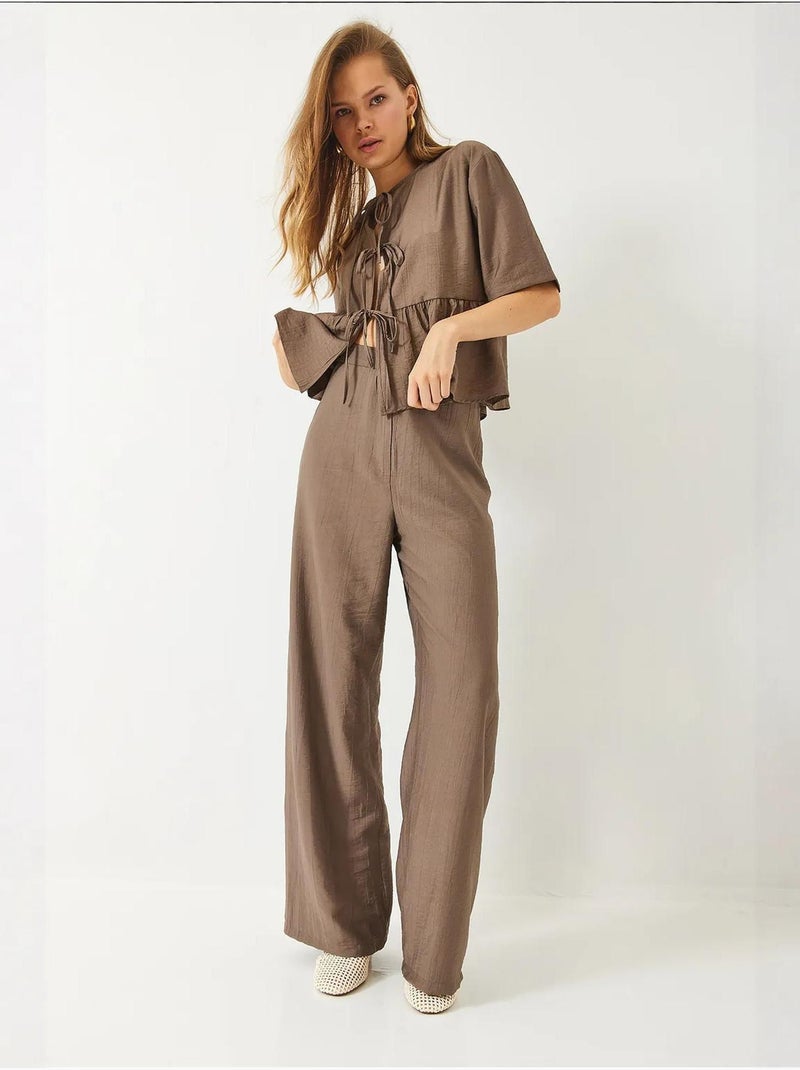 Ensemble deux pièces chemisier et pantalon à manches courtes avec détails noués de bianco lucci Camel - Kiabi