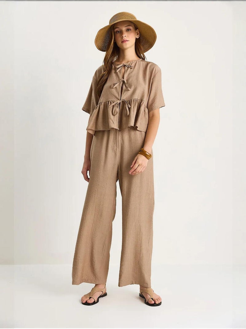 Ensemble deux pièces chemisier et pantalon à manches courtes avec détails noués de bianco lucci Marron clair - Kiabi