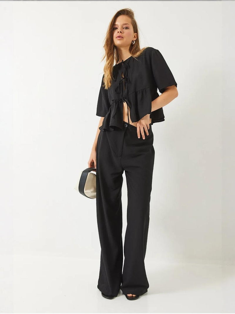 Ensemble deux pièces chemisier et pantalon à manches courtes avec détails noués de bianco lucci Noir - Kiabi