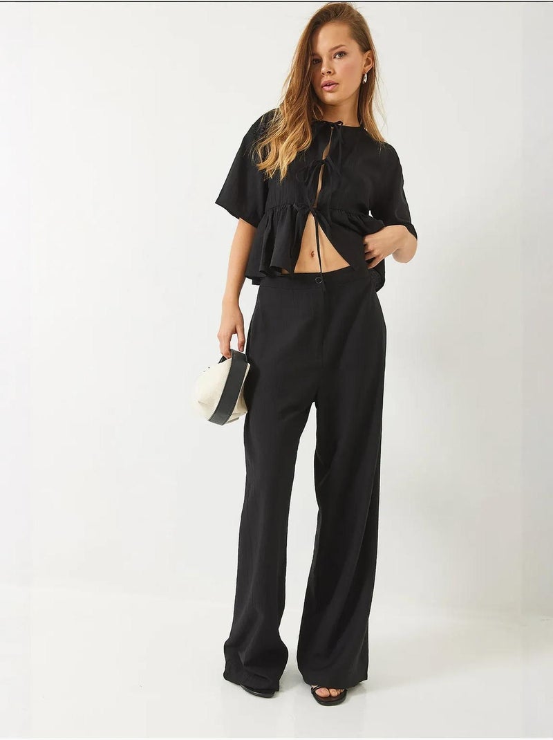 Ensemble deux pièces chemisier et pantalon à manches courtes avec détails noués de bianco lucci Noir - Kiabi