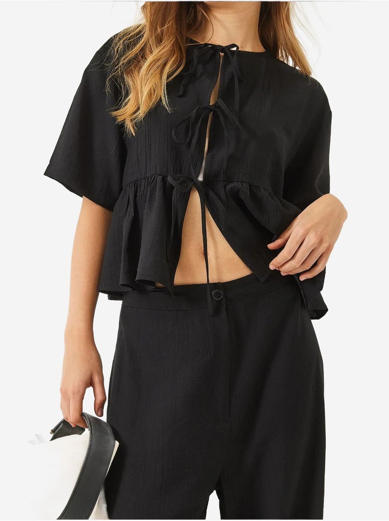 Ensemble deux pièces chemisier et pantalon à manches courtes avec détails noués de bianco lucci Noir - Kiabi