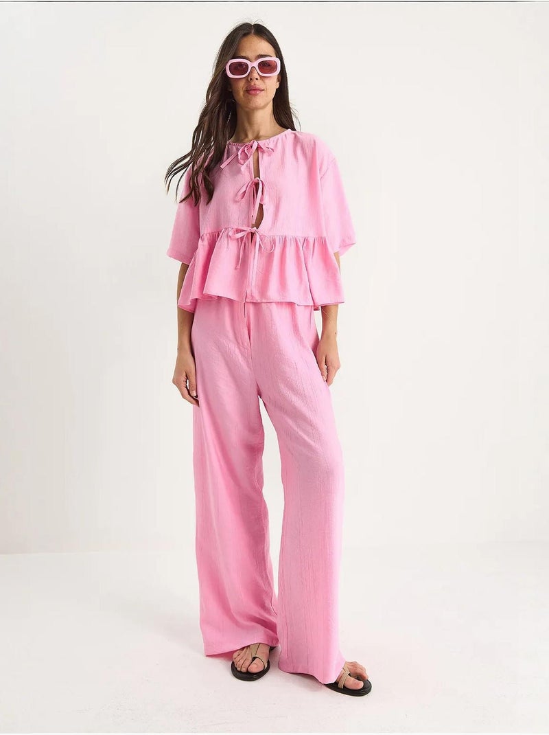Ensemble deux pièces chemisier et pantalon à manches courtes avec détails noués de bianco lucci Rose clair - Kiabi