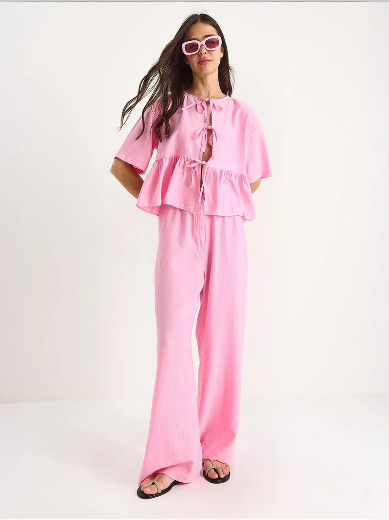 Ensemble deux pièces chemisier et pantalon à manches courtes avec détails noués de bianco lucci Rose clair - Kiabi