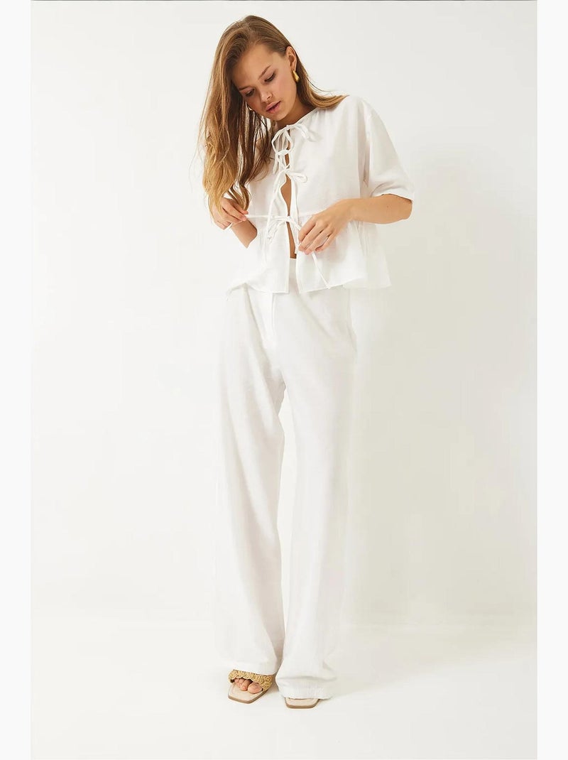 Ensemble deux pièces chemisier et pantalon à manches courtes avec détails noués lucci Blanc - Kiabi
