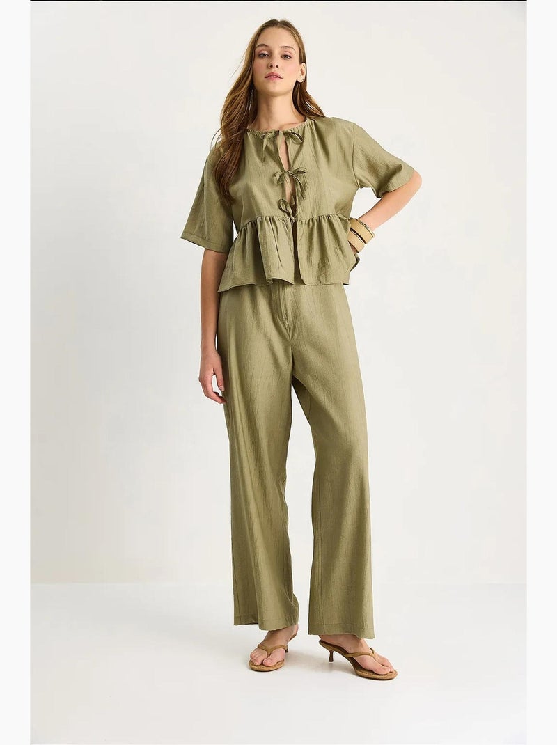 Ensemble deux pièces chemisier et pantalon à manches courtes avec détails noués lucci Kaki - Kiabi