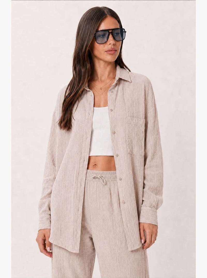 Ensemble deux pièces coordonné à taille haute, jambe large et col chemise istanbul Beige naturel - Kiabi