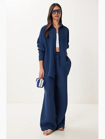 Ensemble deux pièces coordonné à taille haute, jambe large et col chemise istanbul