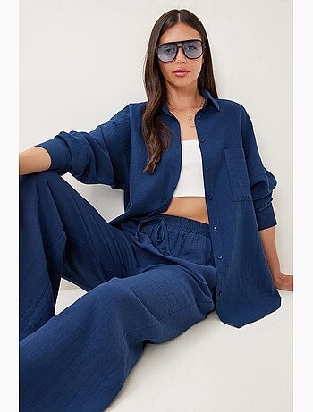 Ensemble deux pièces coordonné à taille haute, jambe large et col chemise istanbul