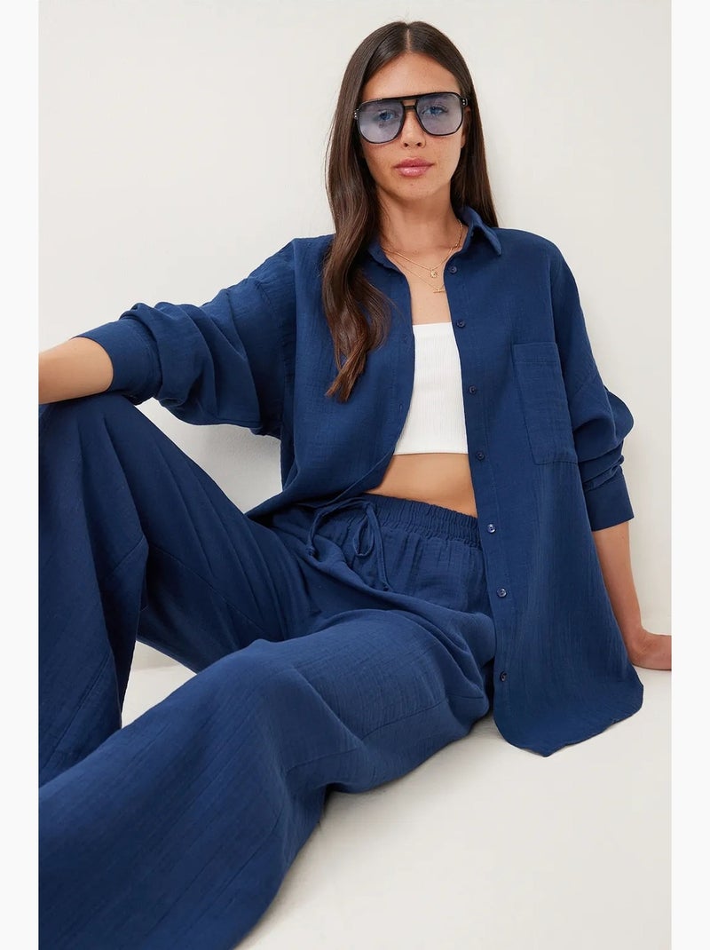 Ensemble deux pièces coordonné à taille haute, jambe large et col chemise istanbul Bleu marine - Kiabi