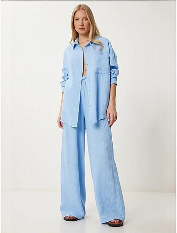 Ensemble deux pièces coordonné à taille haute, jambe large et col chemise istanbul