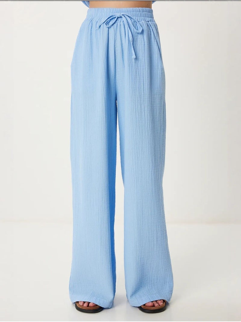 Ensemble deux pièces coordonné à taille haute, jambe large et col chemise istanbul Bleu saphir - Kiabi