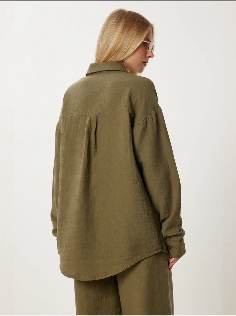 Ensemble deux pièces coordonné à taille haute, jambe large et col chemise istanbul Kaki - Kiabi