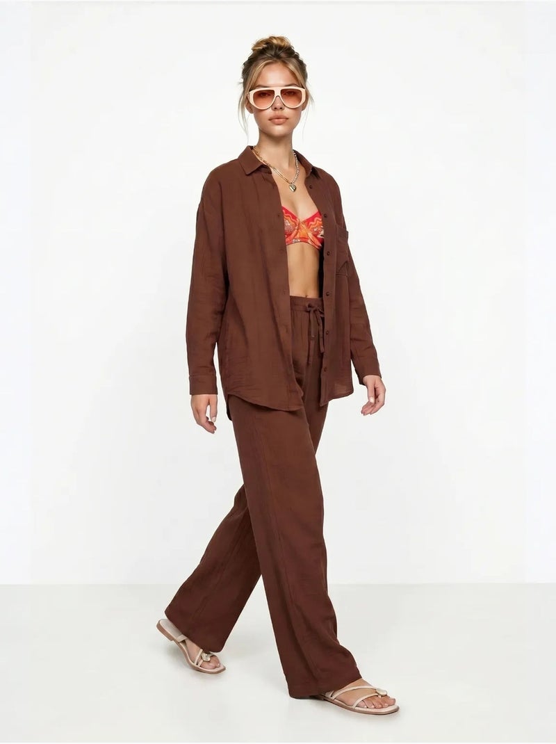 Ensemble deux pièces coordonné à taille haute, jambe large et col chemise istanbul Marron - Kiabi