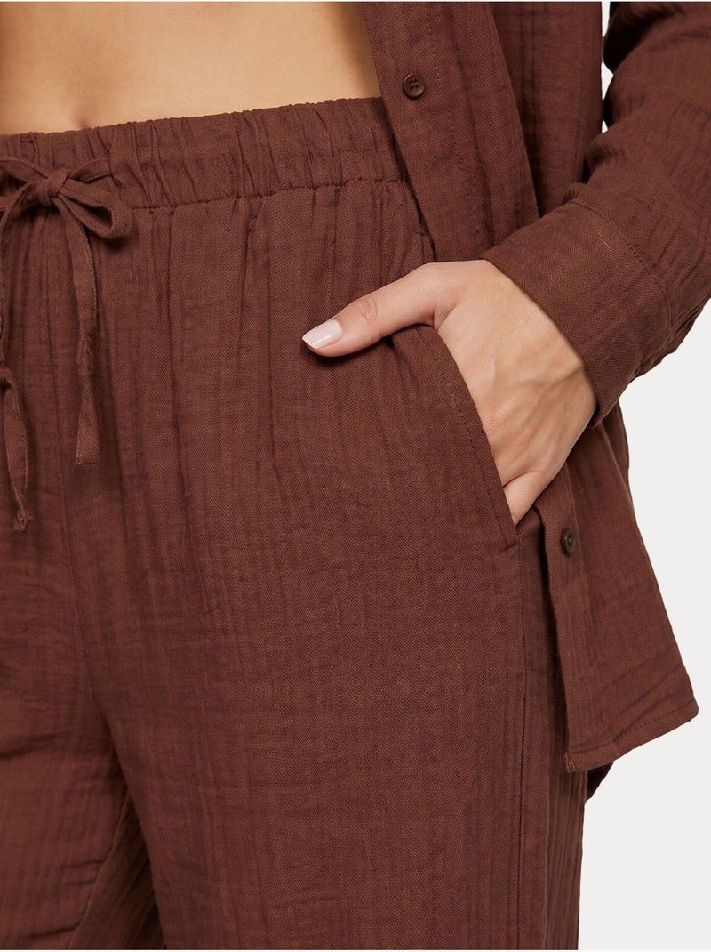 Ensemble deux pièces coordonné à taille haute, jambe large et col chemise istanbul Marron - Kiabi