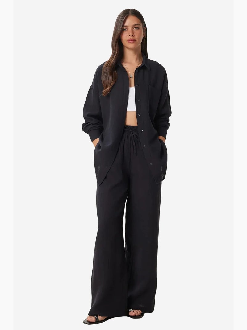 Ensemble deux pièces coordonné à taille haute, jambe large et col chemise istanbul Noir - Kiabi