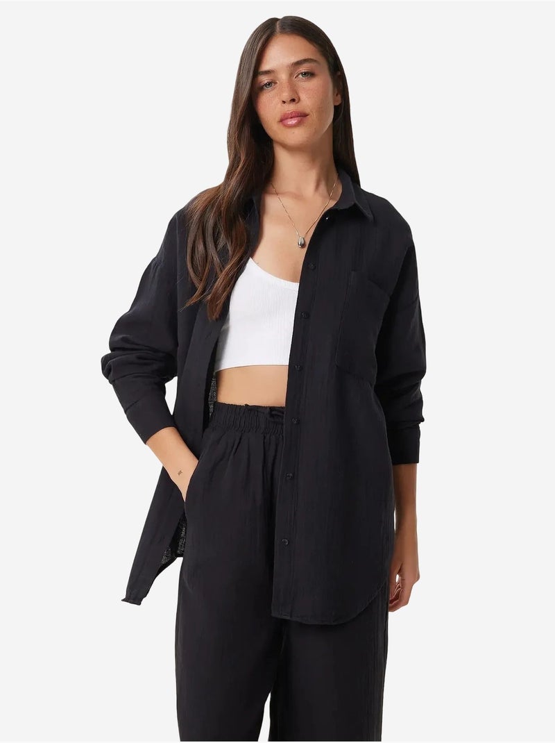Ensemble deux pièces coordonné à taille haute, jambe large et col chemise istanbul Noir - Kiabi