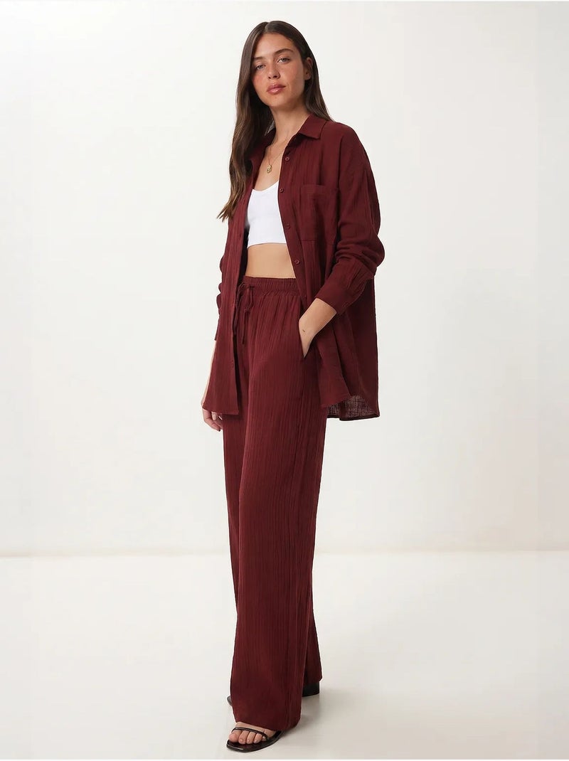 Ensemble deux pièces coordonné à taille haute, jambe large et col chemise istanbul Rouge bordeaux - Kiabi