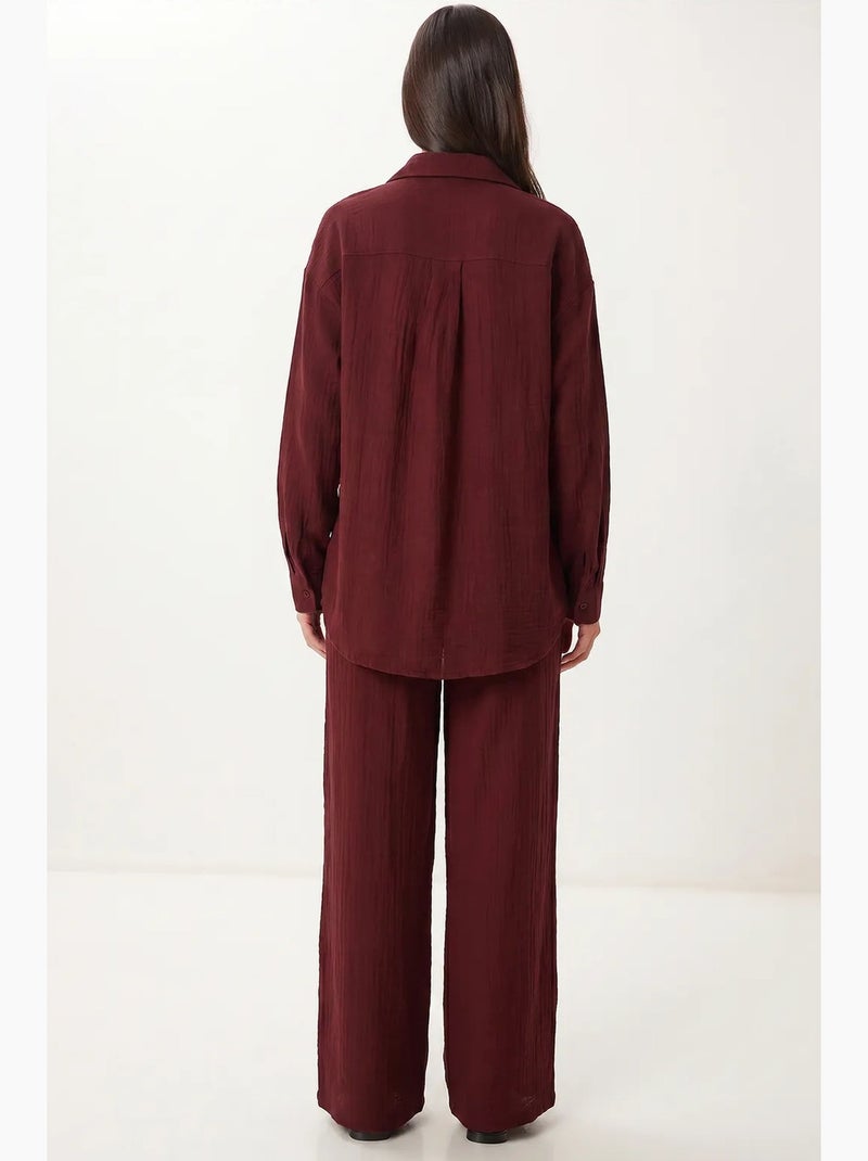 Ensemble deux pièces coordonné à taille haute, jambe large et col chemise istanbul Rouge bordeaux - Kiabi