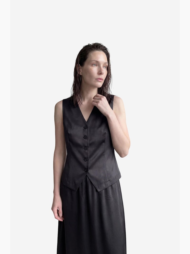 Ensemble deux pièces coordonné en satin à col en v et fermeture boutonnée my fashion Noir - Kiabi
