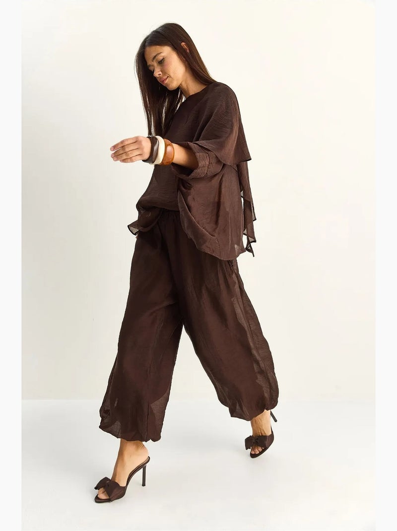 Ensemble deux pièces coordonné taille haute à jambe large lucci Marron foncé - Kiabi