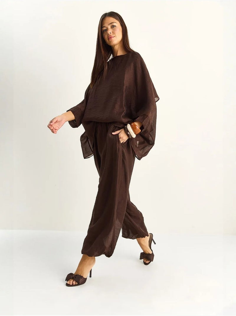 Ensemble deux pièces coordonné taille haute à jambe large lucci Marron foncé - Kiabi