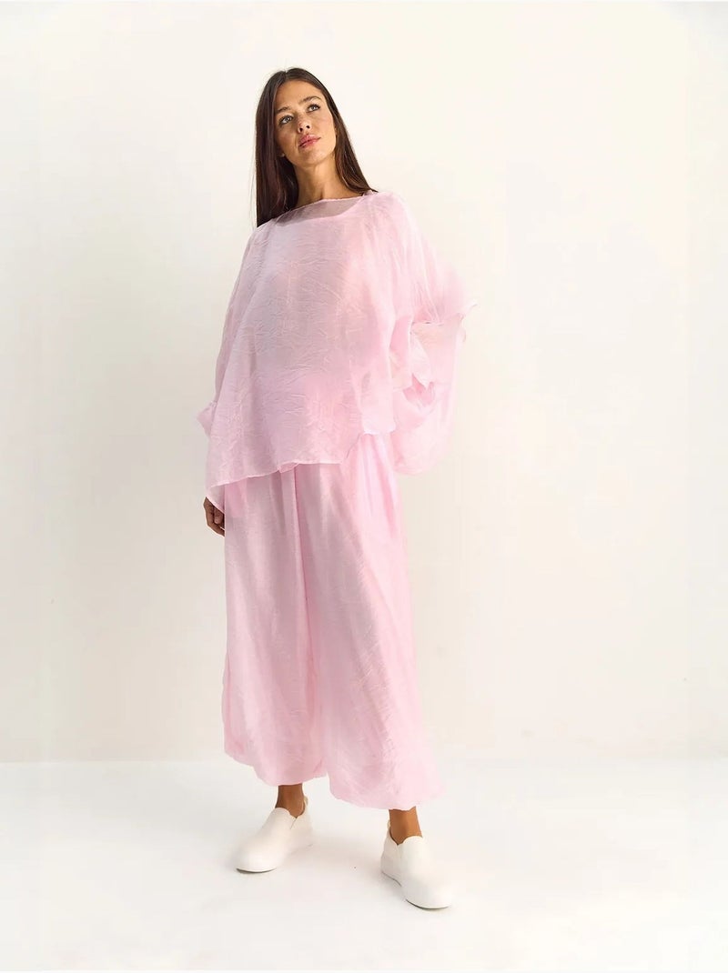 Ensemble deux pièces coordonné taille haute à jambe large lucci Rose pâle - Kiabi