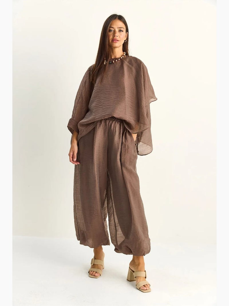 Ensemble deux pièces coordonné taille haute à jambe large lucci Taupe - Kiabi
