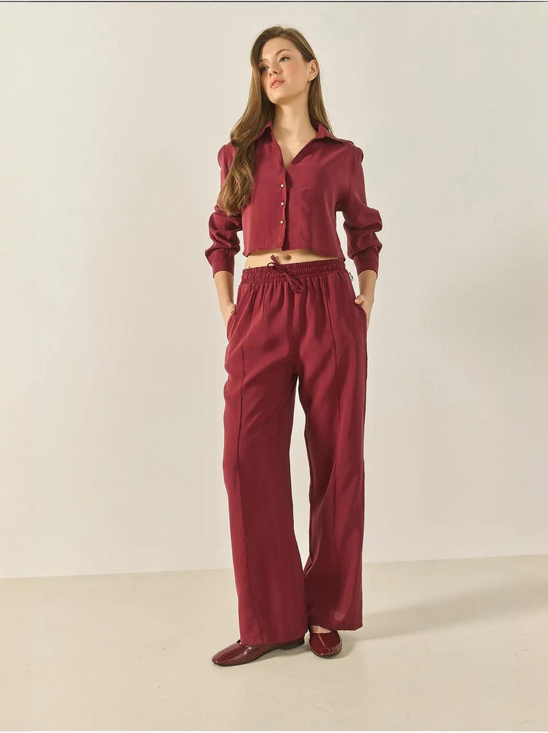 Ensemble deux pièces décontracté en modal avec chemise à col en v et pantalon ample bianco lucci Rouge bordeaux - Kiabi