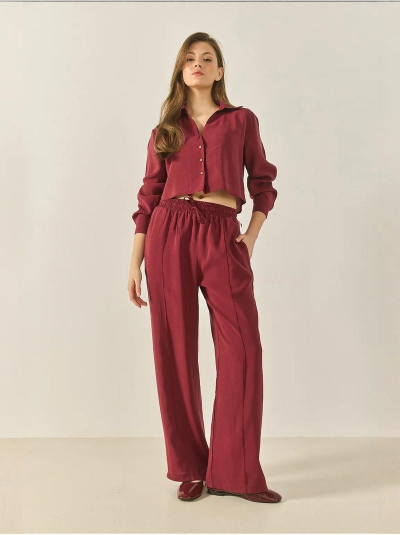 Ensemble deux pièces décontracté en modal avec chemise à col en v et pantalon ample bianco lucci Rouge bordeaux - Kiabi